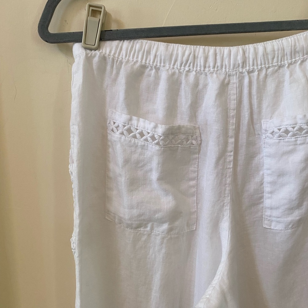 100% Linen White Wide Leg Lattice Eyelet Pants Drawstring Waist M - Picture 6 of 8